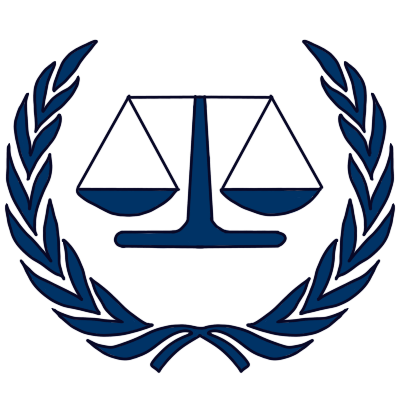 the symbol for the international criminal court. the symbol is dark blue, and it is a pair of scales in a pair of olive branches.